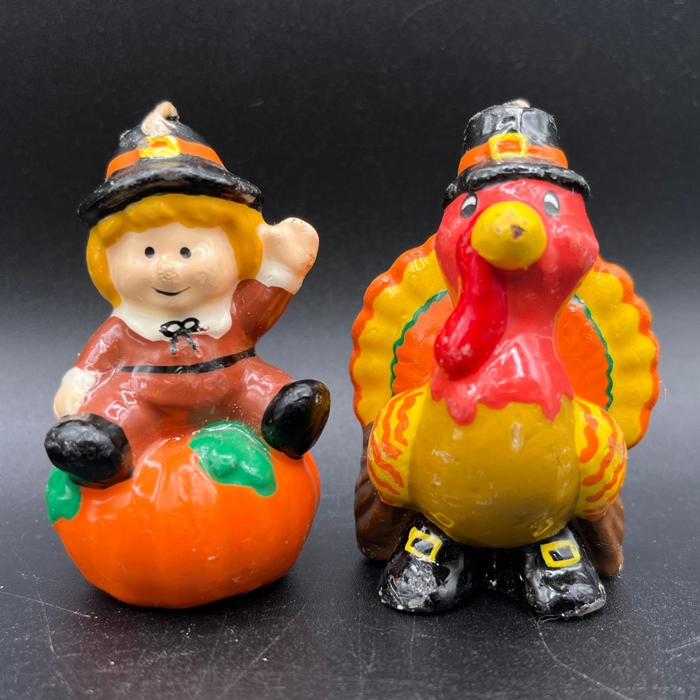 Vtg Russ Berrie Thanksgiving Candle Set Pilgrim Pumpkin Turkey 2.5" Decorative